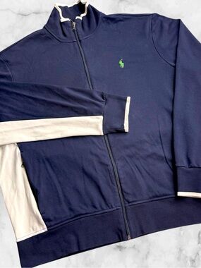 Polo Ralph Lauren Track Jacket Mens XL Navy Blue White Pony Logo Full Zip Cotton
